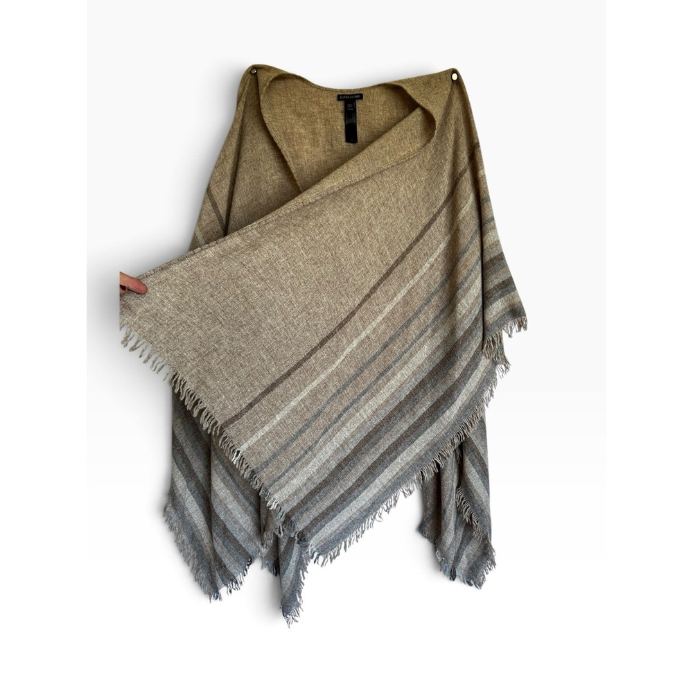 Eileen Fisher Poncho OS Blanket Shawl Natural Beige Gray Stripe Fringe *READ!!*